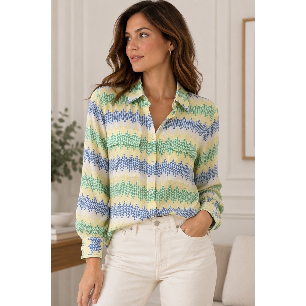 Equipment Femme Silk Button Down Shirt Multi Color Dot Chevron Blouse Size M